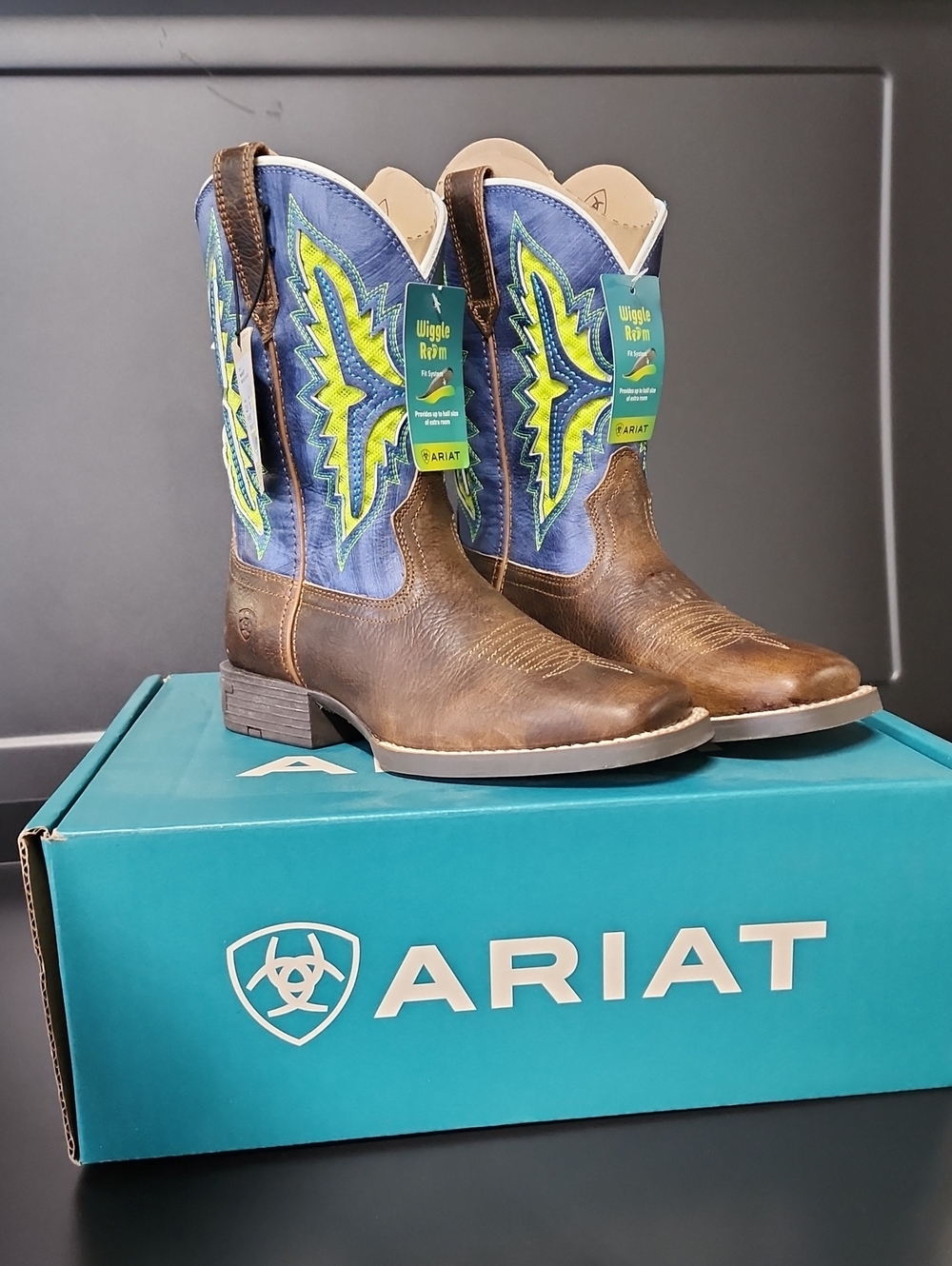 Ariat VentTek  Brown Leather Boots with Blue Shaft and Lime VentTek